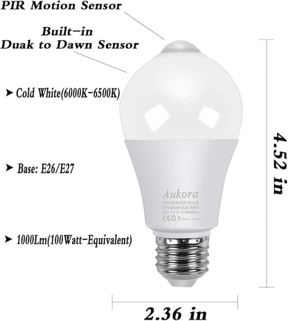Aukora Motion Sensor Light Bulbs 4-Pack, 12W (100-Watt Equivalent) E26 Motion Activated Dusk to Dawn Security Light Bulb Outdoor/Indoor for Front Door Porch Garage Basement Hallway Closet(Cold White)