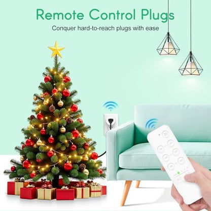 NineLeaf Remote Timer Outlet, Wireless Remote Control Plug Programmable, 500FT Long Range, 15A/1500W Plug in Light Switch, No Wiring Needed for Lamps, Fans, Christmas Lights,1Remote 6Outlets