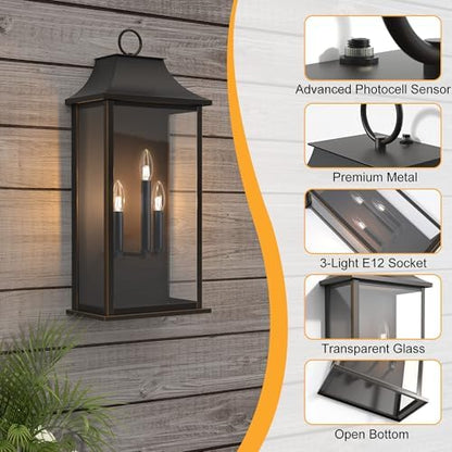 Dusk to Dawn Outdoor Wall Lantern, 25.3" Black Exeterior Light