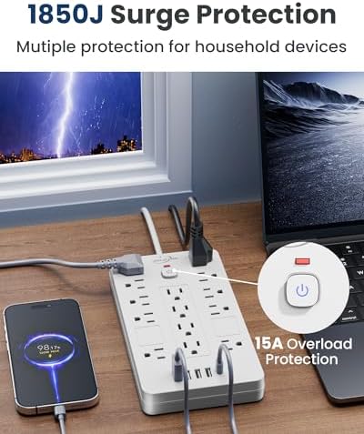 JouleLoom Surge Protector Power Strip-14 Outlets and 6 USB Ports, 15 Feet Flat Plug Extension Cord, 1850 Joules, White, ETL Listed for Home, Office, Dorm Room