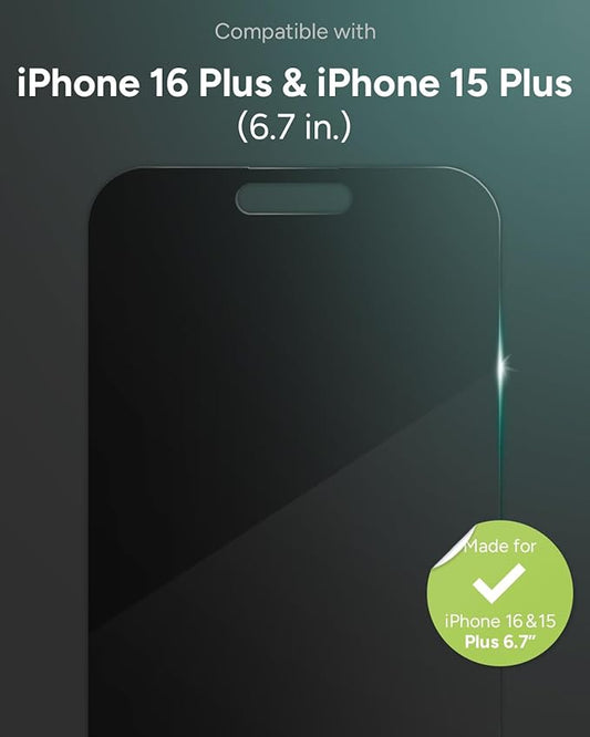 ZAGG Glass Elite Privacy Screen Protector for iPhone 16 Plus / 15 Plus - 2-Way Privacy Filter, Ultra-Strong Tempered Glass, 5X Stronger, Smudge-Free, Easy Install, InvisibleShield, Recycled Content