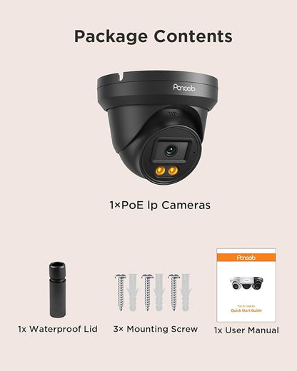 4MP PoE Camera with AI Person Detection & Color Night Vision, Outdoor Indoor Security Camera, 2.8mm Lens 110° View, Built-in Mic, 24/7 Recording, Weatherproof Dome, Black PD93BA3-4M