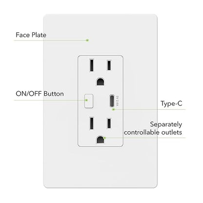 BN-LINK Smart Electrical Outlet with 2 Controlled Plugs and Type-C Charging, in-Wall Smart Wi-Fi Outlet with Voice and APP Remote Control, Compatible with Alexa and Google Assistant, 2.4GHz Wi-Fi Only