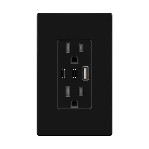 TOPGREENER 4.2A 3-Port Type C USB Outlet, 15 Amp Receptacle Plug, Charging Power Outlet with Dual Type C&A Ports, Screwless Wall Plate Included, UL Listed, TU21542AC2-BKSID, Black