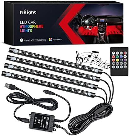 Nilight 4PCS Car USB Interior Lights RGB Remote Control | 48LED 5V DC Multicolor Music Car Neon Accent Light Strips Under Dash Lighting Kit with Sound Active Function