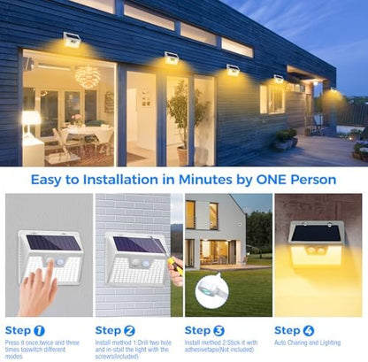 Peasur Solar Outdoor Lights [5 Pack/140LED], 3000K Warm Light Solar Motion Sensor Outdoor Powered Security Lights 3 Working Modes Waterproof for Outside Garden Yard, White Frame