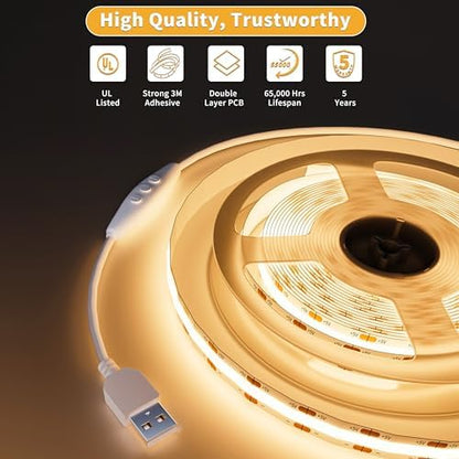 PAUTIX 5V USB COB LED Strip Lights UL-Listed Dotless LED Lights with RF Remote,6.56ft Dimmable 3000K Warm White TV Backlight,Flexible Under Cabinet Tape Lights for Bedroom,Kitchen,Shelves Lighting