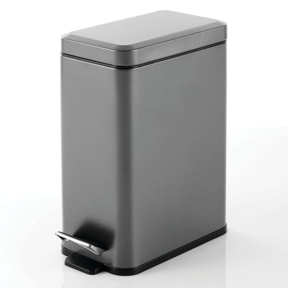 mDesign Pedal Bin — Waste Bin with Pedal, Lid and Plastic Bucket Insert for Bathroom, Kitchen, and Office — Metal Household Rubbish Bin with Ergonomic Design — Dark Grey