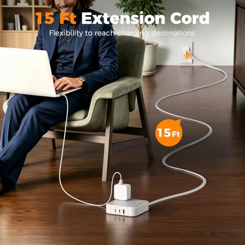 TESSAN Surge Protector Flat Extension Cord 15Ft, Flat Plug Power Strip