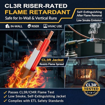 18/2 Thermostat Doorbell HVAC Wire, True Gauge 18 AWG 2 Conductor Solid Copper Control Cable, ETL Listed CL3R/CMR Riser Rated Flame-Retardant, RoHs, for 0-30V Low Voltage Systems - 30FT
