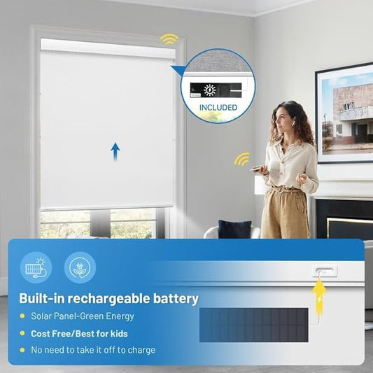 Motorized Blinds with Remote, [Free Solar Panels] Cordless Smart Blinds with Valance Cover, Rechareable Blackout Electric Automatic Roller Shades for Windows White 35" W x 72" H