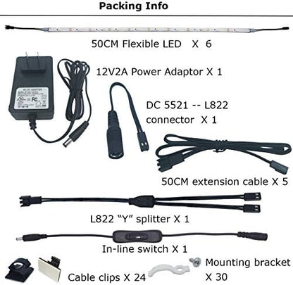 Litever Under Cabinet Light, 6 PCS 20 Inches Flexible LED Strips with Power Adapter, 24W,1800 Lumen, Daylight 5000K. Suitable for Kitchen Cabinets, Counters, Under Shelf, Closets (6-Strip-5000K)