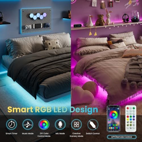 SHA CERLIN King Size Floating Bed Frame with Smart LED Lights, White
