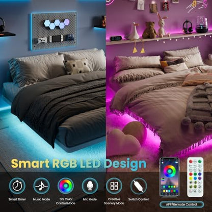 SHA CERLIN King Size Floating Bed Frame with Smart LED Lights, White