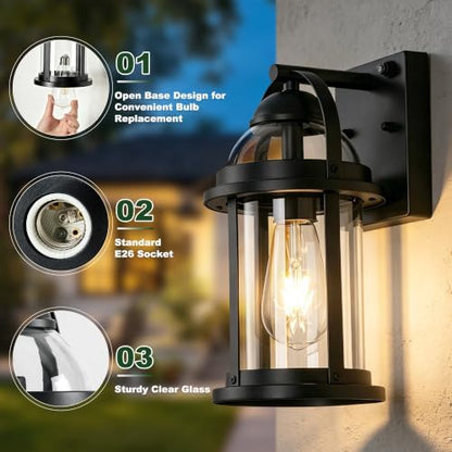OKELI Dusk to Dawn Outdoor Wall Lights, Waterproof Lighting Fixtures Rustic Farmhouse Wall Lanterns with Clear Glass Shades Anti-Rust Outside Lights for Garage Patio Porch(Black, 2 Pack)