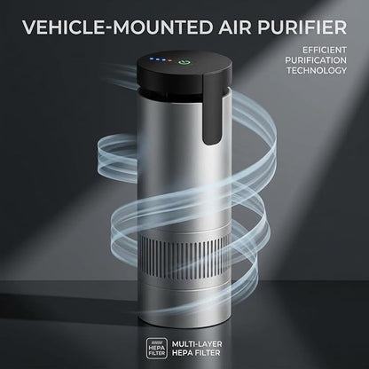 Vehicle-Mounted Car Air Purifier, Silver, Multi-Layer Filter Element, Compact Cup Holder Design