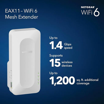 NETGEAR WiFi 6 Mesh Range Extender (EAX11) - Add up to 1,200 sq. ft.,15 Devices with AX1400 Dual-Band Wireless Signal Booster & Repeater (up to 1.4 Gbps Speed), WPA3 Security, One WiFi Name