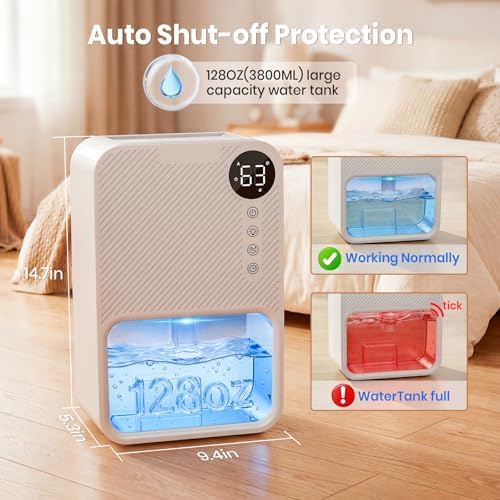 Dehumidifier,128oz Visible Water Tank 1000 sq.ft Dehumidifier for Home – Quiet Portable Unit with 24-Hour Timer, Auto Shut-off, Sleep Mode & 7-Color Night Light for Bathroom, Bedroom, Basement, RV