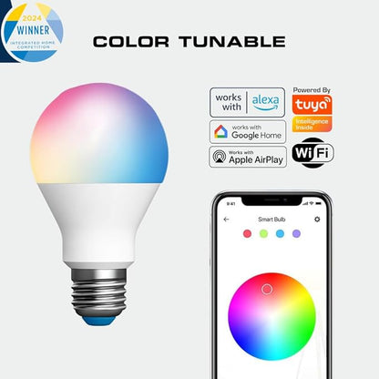 Smart A19 LED Bulb, WiFi + Bluetooth, 9W (60W Eq), RGB & Tunable White 2700K-6500K, 800 Lumens, Dimmable, E26 Base, Compatible with Alexa & Google Assistant