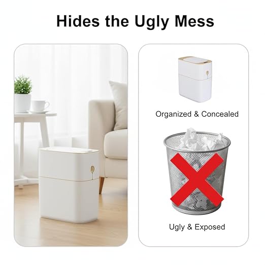 MOPALL Touchless Bathroom Trash Can with Lid, 3 Gallon / 12L Slim Motion Sensor Garbage Bin, Automatic Waste Basket for Bedroom, Office & Narrow Spaces, White & Gold