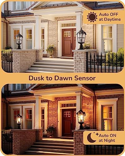 EDISHINE Large Size Dusk to Dawn Outdoor Post Light, 21.9'' H 120V Pole Light Fixture with Pier Mount Base, Waterproof Exterior Lamp Post Lantern Head for Yard, Driveway, Fence, Black, Hardwired