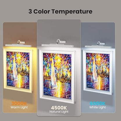 Rechargeable Picture Light for Wall Art White - 3 Color Temperatures,Remote Control & Adjustable Angle Wall Mount Battery Operated Wall Light for Paintings,Gallery,Frames,Photos (13H Runtime, 350LM)