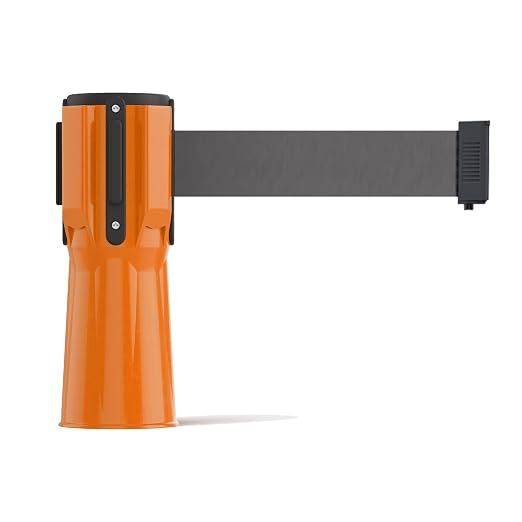 Trafford Industrial Cone-Mounted Retractable Belt Barrier, 11 Ft. | Orange ABS Case, Dark Grey 2-Inch Herringbone Belt, Belt-Braking Retraction Control and 4-Way Receiver