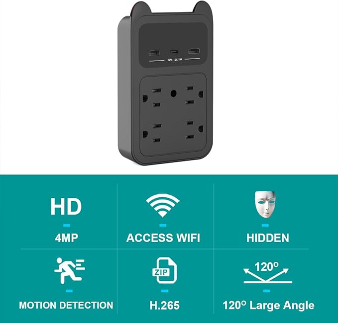 2026 Upgraded Hidden Camera - Outlet Camera - HD 2K Mini Wireless Nanny Cam Security Camera With Motion Detection - 120° Wide Angle for Discreet Home Indoor Security (Black+128G SD Card)