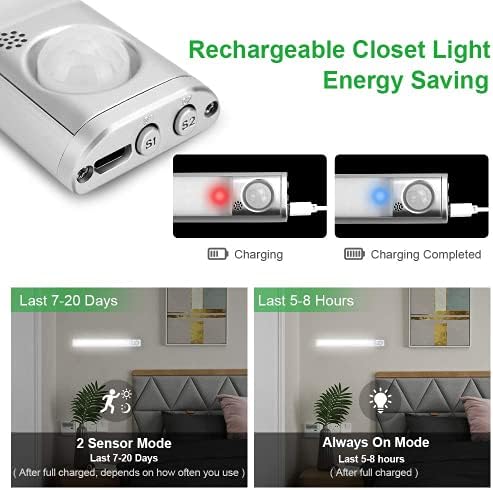 goodland 160 LED Closet Lights Motion Sensor Under Cabinet Lights Indoor Lighting 3000mAh Battery Powered Light Bar Dimmable Rechargeable Closet Light for Kitchen, Wardrobe, Stairs(1 Pack)