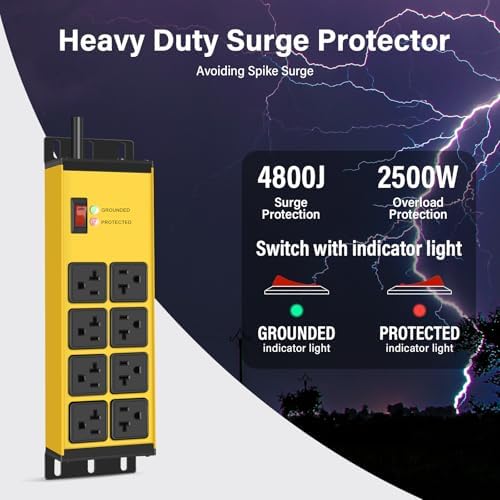 CCCEI 12 Gauge Heavy Duty Power Strip, Magnetic, 8 Ports. Yellow, 6FT, 1