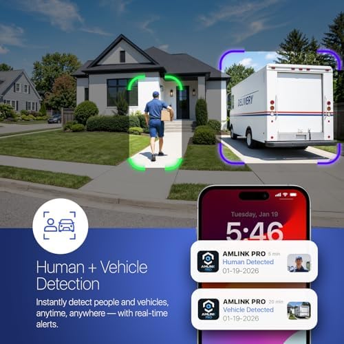 AMLINK 4K POE Camera, 8MP Outdoor Turret Security IP Camera, 100ft Color Nightvision, AI Human/Vehicle Detect, Built-in Mic Speaker, MicroSD Recording (256GB), 105° FOV, 4K@20FPS AL8M-T8198EW