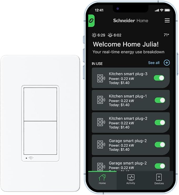 Square D by Schneider Electric X Series 15 Amp WiFi Energy Monitoring Light Switch, Single-Pole/3-way, 600 Watt, Rocker, Matter Certified, Works with Alexa, Google Home, Apple Home, Matte White