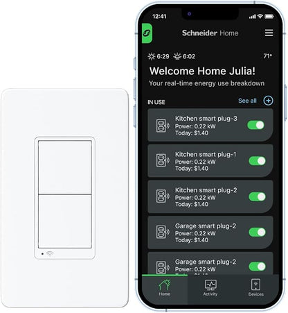 Square D by Schneider Electric X Series 15 Amp WiFi Energy Monitoring Light Switch, Single-Pole/3-way, 600 Watt, Rocker, Matter Certified, Works with Alexa, Google Home, Apple Home, Matte White