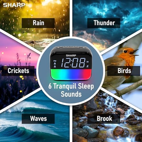 Sharp RGB Alarm Clock with Bluetooth Speaker, Sleep Sounds, Night Light