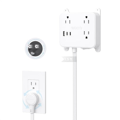 TROND 360° Rotating Plug Outlet Extender, 1.5FT Short Extension Cord, 3 AC Electrical Extendable Outlet with 2 USB C, Wall Plug Adapter Use Behind TV, Couches, Nightstands, Cabinet