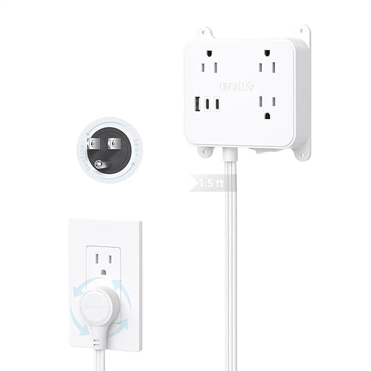 TROND 360° Rotating Plug Outlet Extender, 1.5FT Short Extension Cord, 3 AC Electrical Extendable Outlet with 2 USB C, Wall Plug Adapter Use Behind TV, Couches, Nightstands, Cabinet