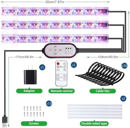 7.8'' 3 Head LED Grow Light Strips, Grow Lamps for Indoor Plants Full Spectrum, Plant Light with 4/8/12H Timer, 10 Dimmable Levels for Seedling Succulent,Best Match for Plant Shelf