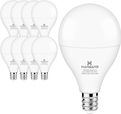 8 Pack Ceiling Fan Light Bulbs E12 Base, 60Watt Equivalent, 6000K Cool Daylight, A15 Small Candelabra Base Chandelier Bulbs, 600LM, 120V, CRI 85+, Non-dimmable