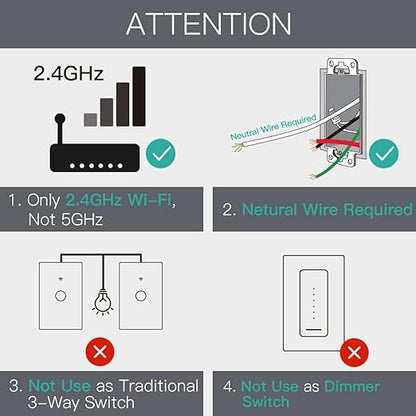 MoesGo WiFi Smart Wall Light Switch,Glass Panel, Multi-Control(3 Way), 2.4GHz Wi-Fi Touch Switches, Neutral Wire Required, Remote Control Smart Life/Tuya App, Work with Alexa, Google Home White 2 Gang