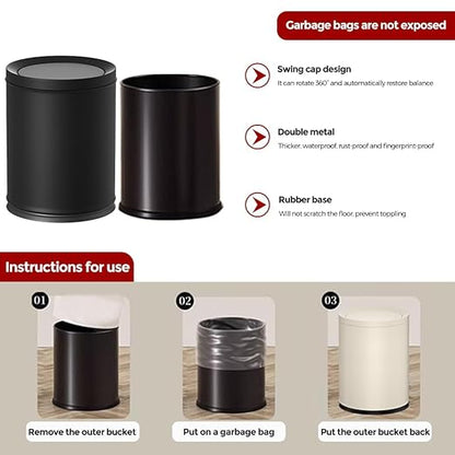 12L/3GAL Black Bathroom Trash Can with Lid,Swing Lid Trash can for Bedroom, Modern Trash Can for Bathroom,Bedroom,Living Room,Office,Laundry,Hotel,Bank