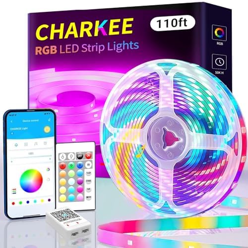 CHARKEE 110FT LED Strip Lights for Bedroom, RGB Color Changing Lights with Music Sync, Bluetooth App & Remote Control, 24V LED Light Strip for Room, Kitchen, Party & Home Decor (1 Roll)