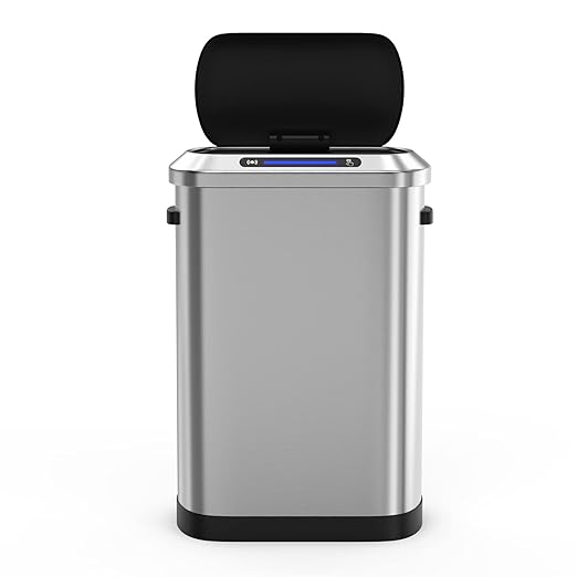 pouseayar Smart Automatic Trash Can with Lid 13 Gallon, Stainless Steel Thickened Body & Super Mute Sensor Lid with 30 Count Garbage Bags for Kitchen Office Bedroom Waste Bin and More - Silver