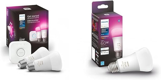 Philips Hue Smart Light Starter Kit - Includes (1) Bridge and (2) 60W A19 LED Bulb, 800LM, E26 & Smart 60W A19 LED Bulb - White and Color Ambiance Color-Changing Light - 1 Pack - 800LM