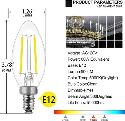Energetic LED Candelabra Light Bulbs B10, Daylight 5000K, E12 Base, 60 Watt Equivalent Chandelier LED Edison Bulbs, Dimmable, 24 Pack