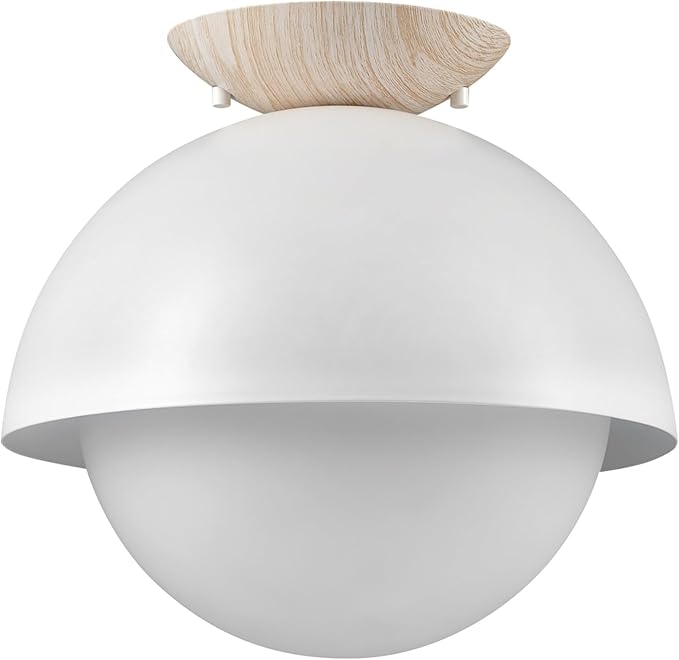 Globe Electric Oswald 1-Light Flush Mount, Matte White, Faux Wood Accent Canopy, Frosted Glass Shade, Bulb Not Included