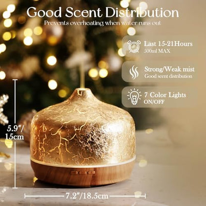 Porseme 500ml Glass Essential Oil Diffuser Aromatherapy Ultrasonic Cool Mist Humidifier 15-21 Running Hours Waterless Auto-Off Air Diffusers for Sleeping Yoga Working Spa(Gold Plated)