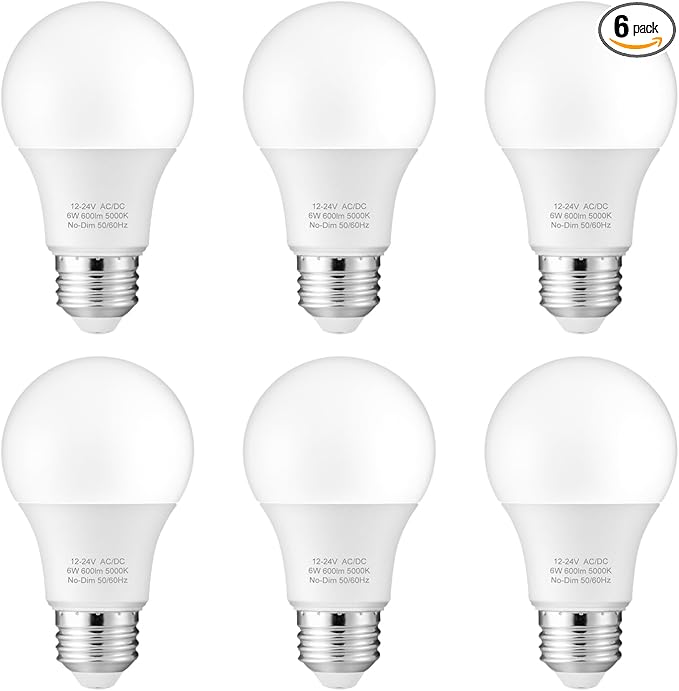 Maelsrlg 12V LED Bulb 6W(50W Equivalent), Daylight 5000K, 12V-24V AC/DC, 600 Lumens, Non-Dimmable, A19 12V DC LED Light Bulbs, E26 Base, Pack of 6