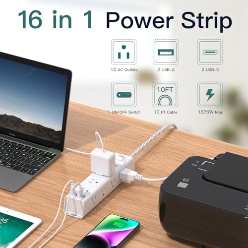 Surge Protector Power Strip - 10 FT Extension Cord with 12 AC Outlets 4 USB