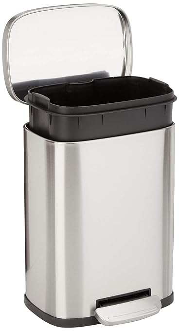 Amazon Basics MINI Trash Can, 1.32 Gallon (5L) Smudge Resistant Rectangular Bin with Soft-Close Lid, Step Foot Pedal, Removable Inner Bucket, Brushed Stainless Steel, for Bathroom, Satin Nickel Finish