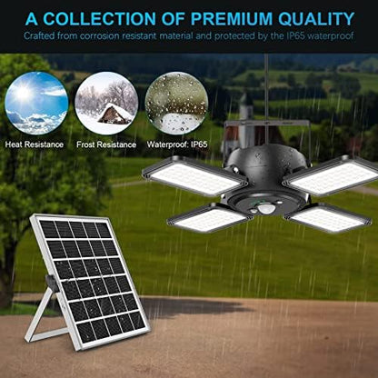 Latband Solar Pendant Light Outdoor Indoor Solar Powered Motion Sensor Shed Light,144LED 1200LM Daytime Work with 5 Lighting Modes Remote Control 4 Heads IP65 Waterproof for Garage Gazebo Barn